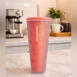 Starbucks Pink Lips & Hearts Frosted Ombré Tumbler w/ Straw 24 oz Valentine Cup